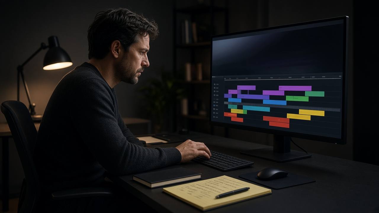 An editor at a digital timeline with a legal pad and notebook