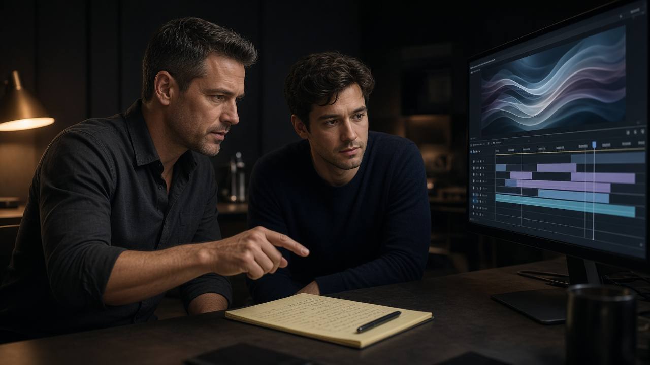 A seasoned editor reviewing notes with a younger editor at a digital cut