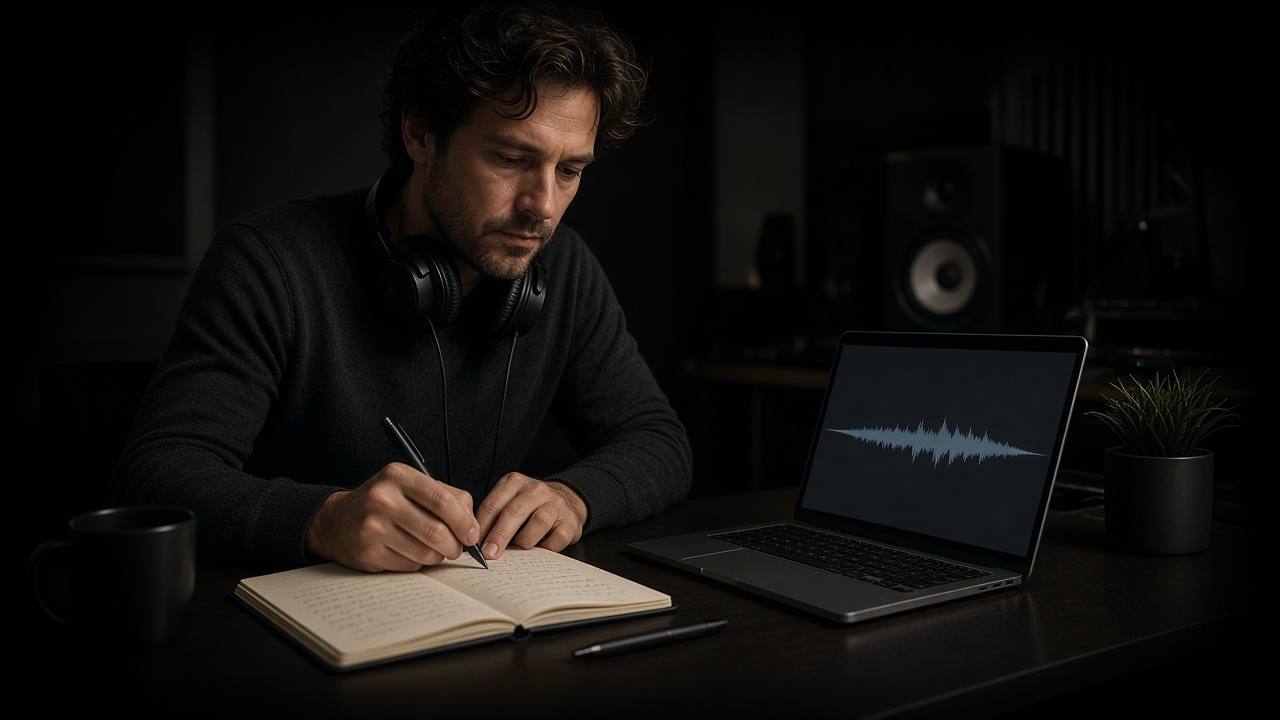 A sound editor writing notes next to a digital waveform