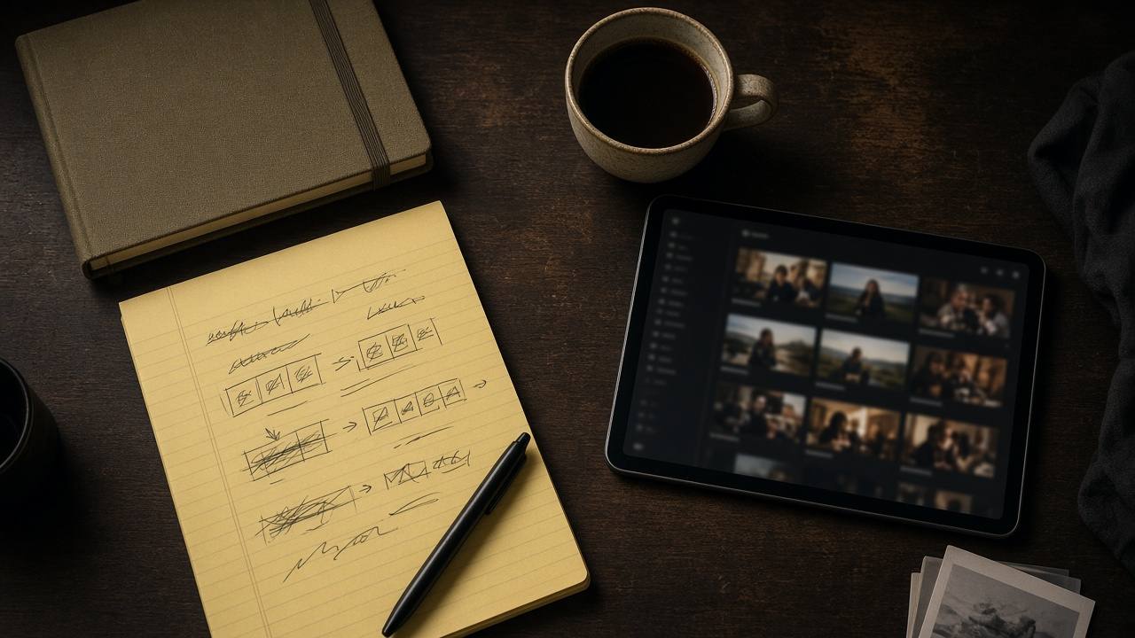 Paper notes and a notebook on a working digital edit desk